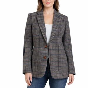 Vintage JH Collectibles Wool Tweed Plaid Blazer Elbow Patch Size 12 Gray Blue